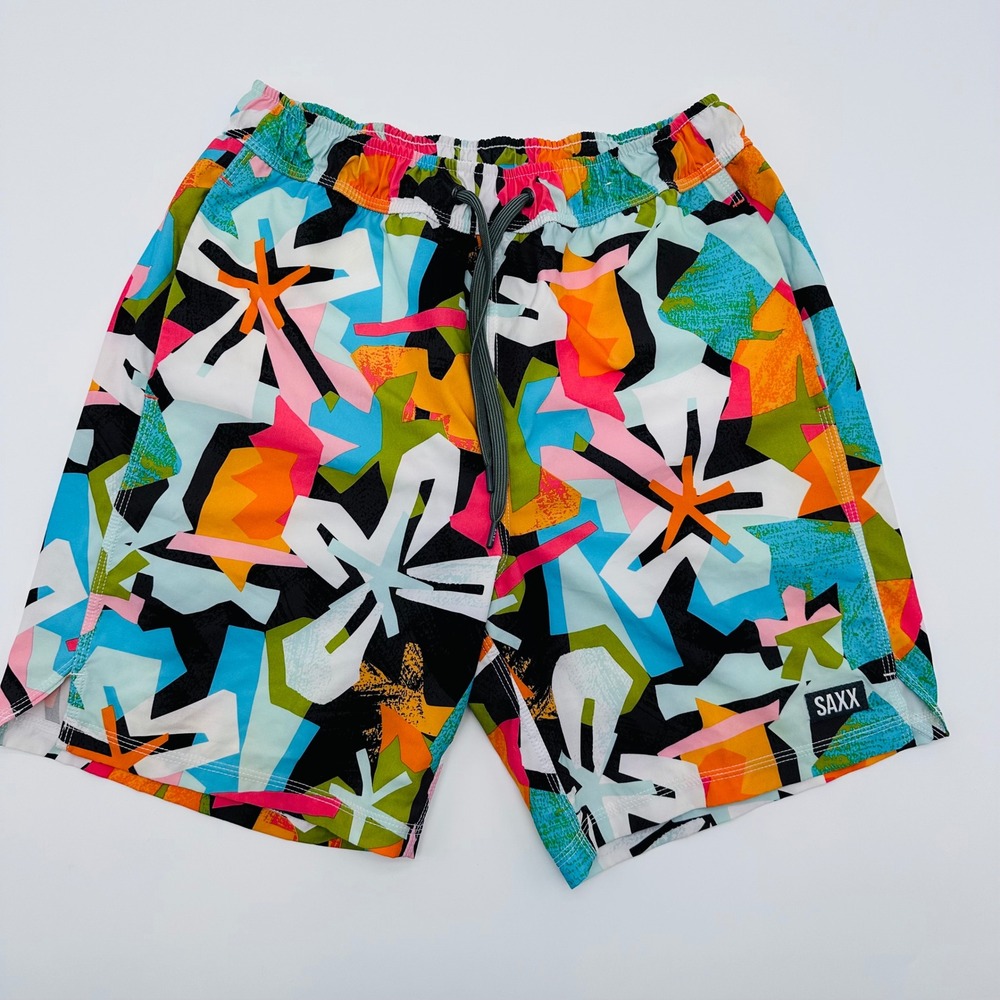 Saxx Oh Buoy 2N1 Volley Swim Shorts Mens Small 7" Abstract Geometric Multi-Color